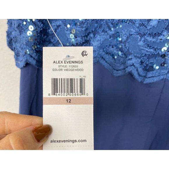 Alex Evenings Mock Two-Piece Sequin Chiffon Gown Lace Dress Wedgewood 12 - Picture 10 of 11